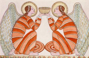 Dois anjos segurando uma tigela, 1995 (wc) de Gillian Lawson