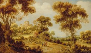 Uma extensa paisagem arborizada com Cristo no caminho para Emaús, c.1609-29