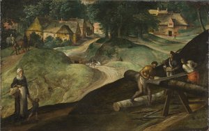 Paysage avec des hommes sciant du bois - Landscape with Men Sawing Timber, de Mostaert, Gillis (1534-1598). Óleo sobre madeira