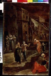 ""Cena de rua à noite"" (Cena noturna em uma cidade) Habitantes de uma cidade na Holanda parecem fugir de uma ameaça, correndo e buscando refúgio nas casas, impressão de medo e angústia. Pintura de Gillis Mostaert (1534-1598) Lviv, Museu de B de Gillis Mostaert