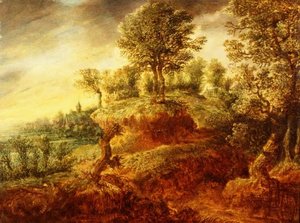 Uma paisagem arborizada com uma carroça sobre um caminho e uma igreja além