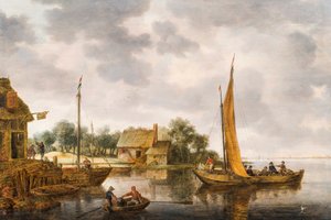 Uma paisagem de rio com uma balsa, c.1640s (óleo no painel) de Gillis Peeters