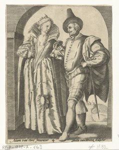 Homem e mulher vestidos de acordo com a moda de 1590-1600