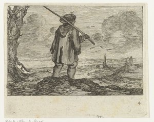 Paisagem dunar com um homem com um bastão no ombro
Verscheyden Beaches and water views by Jan Percelles (título da série) de Gillis van Scheyndel (I)
