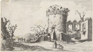 Fonte em ruínas com uma torre redonda Doze paisagens (título da série)