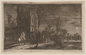 Figuras junto a uma torre em ruínas: Noturno ao luar, de Seis paisagens de Gillis van Scheyndel