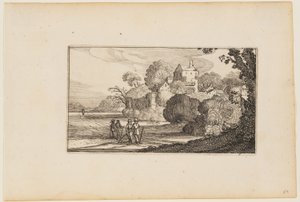 Caminho à esquerda do complexo de edifícios murados entre árvores, de Doze paisagens com figuras de Gillis van Scheyndel