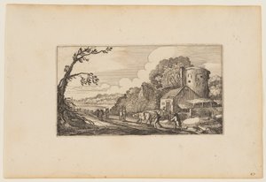 Caminho à esquerda de uma quinta dominada por uma torre redonda, de Doze paisagens com figuras de Gillis van Scheyndel