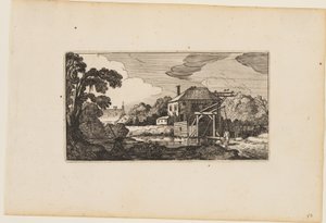 Lagoa antes de ponte de madeira e uma casa, de Doze paisagens com figuras de Gillis van Scheyndel