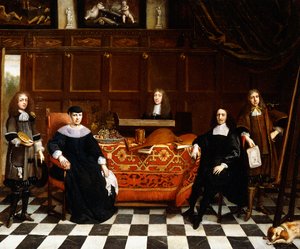 Um retrato de grupo de uma família sentada ao redor de uma mesa coberta com um tapete, c.1665-70