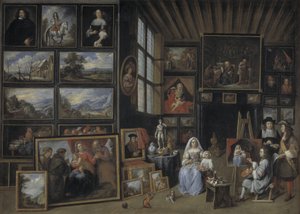 Uma galeria de fotos com um artista pintando uma mulher e uma menina. Alegoria da arte da pintura
