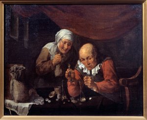 O casal de velhos gananciosos que pesam as suas posses. Pintura de Gillis Van Tilborgh (ou Tilborch
