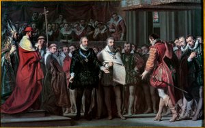 Filipe II da Espanha reconhece Henrique IV como rei da França Pintura de Gillot Saint Evre (1791-1858) 1837 Sol. 0,17x0,71 m
