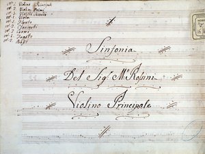 Detalhe da primeira página da partitura de violino para uma sinfonia de Gioacchino Rossini de Gioachino Rossini