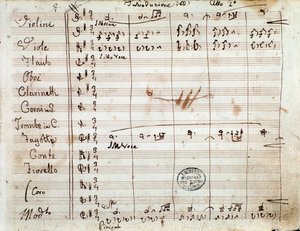 Primeira página com autógrafo da partitura do acto II da ópera O barbeiro de Sevilha por Gioacchino Rossini