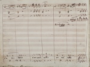 Partitura musical para a calúnia e uma ária de venticello, no The Barber of Seville (tinta sobre papel)