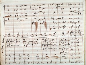 Pontuação musical para a ária de Questaventura, no The Barber of Seville (tinta no papel)