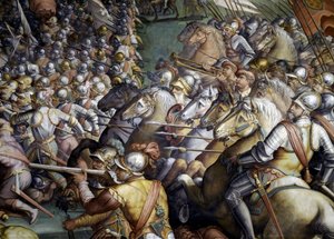 Batalha de Scannagallo em Valdichiana (Val di Chiana). Pormenor. Fresco de Giorgio Vasari e do seu atelier (1511-1574). Palazzo Vecchio (Salão do Cinquecento)