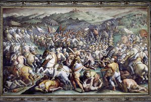 Batalha de Scannagallo em Valdichiana (Val di Chiana). Fresco de Giorgio Vasari e do seu atelier (1511-1574). Palazzo Vecchio (Salão do Cinquecento)