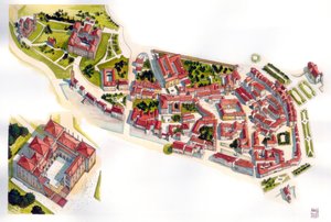 Vista aérea da cidade de Guimarães: à esquerda, o castelo e o mosteiro construídos no século XI. Portugal. Ilustração de Giorgio Albertini. (A utilização das obras deste autor não está sujeita a um pedido de autorização de terceiros ou a uma autorização de de Giorgio Albertini