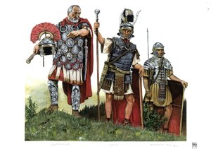 Roma antiga: um centurião, um optio (mensageiro entre centuriões e decuriões) e um legionário. Século II