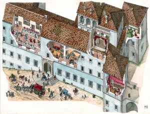 Arte barroca: vista e corte arquitetónico do palácio Chigi a Ariccia, Lácio, no século XVII. O interior dos quartos da família e as dependências dos criados são visíveis. Itália de Giorgio Albertini
