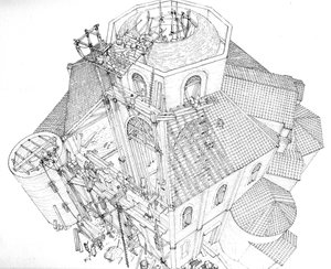 Arte bizantina: representação do estaleiro de construção da Basílica de São Vital (São Vital ou San Vitale) em Ravena, no século V. Vista aérea mostrando os operários nos andaimes a trabalhar na estrutura da cúpula. Itália Ilustração de Giorgi