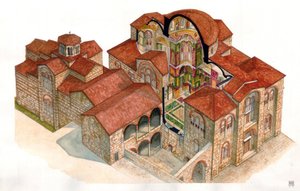 Arte bizantina: vista e secção arquitetónica do mosteiro de Hosios Loukas (Osios Lukas ou Luckas), construído no século XI. Grécia de Giorgio Albertini