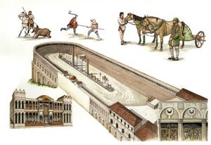 Bizâncio: reconstrução do hipódromo de Constantinopla, uma arena semelhante ao circo romano para corridas de tanques, construída por Constantino I no século IV. No centro da pista, obeliscos e colunas servem de ornamentação. Atualmente Istambul, Turquia