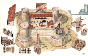Pormenor da vista aérea do castelo aragonês de Venosa, construído por Pirro del Balzo em 1470, perto de Potenza, na Basilicata, Itália As taças permitem ver os prisioneiros nas celas no interior das torres que serviam de prisão. As vistas de pormenor mostr de Giorgio Albertini