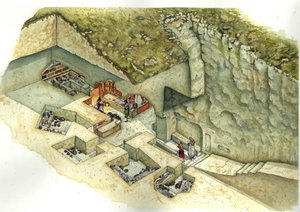 A civilização etrusca: reconstrução e corte do túmulo de François de Vulci. Século III a.C. Itália de Giorgio Albertini
