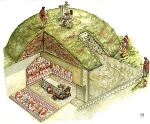 Civilização etrusca: reconstrução e recorte do túmulo de Triclinio (triclinium), necrópole de Tarquínia. Século V a.C. Itália Ilustração de Giorgio Albertini. de Giorgio Albertini
