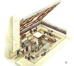 Civilização etrusca: reconstrução e corte do túmulo de Tifone, necrópole de Tarquínia. Século II a.C. Itália de Giorgio Albertini