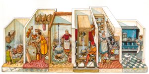 Vida quotidiana: evolução dos fogões e dos sistemas de confeção de alimentos, da esquerda para a direita, cozinha antiga, centro de cozinha medieval, fogão à direita e fogões mais modernos. de Giorgio Albertini