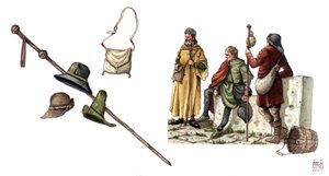 Moda medieval: traje pelerano entre os séculos XII e XIV, bolsa, chapéus, bengala, túnicas. de Giorgio Albertini