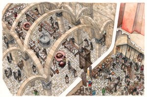 Idade Média: um refeitório e uma cozinha num mosteiro. Trabalho religioso de preparação de refeições comunitárias. Século XII ou XIII de Giorgio Albertini