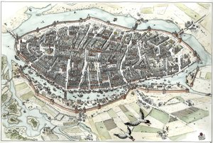 Idade Média: vista aérea da cidade de Lubeck, na Alemanha, com mapa de ruas, mostrando a sua posição geográfica numa ilha na confluência dos rios Wakenitz e Trave. Século XV. Alemanha Ilustração de Giorgio Albertini. (O uso da palavra "Lubeck" deste autor 