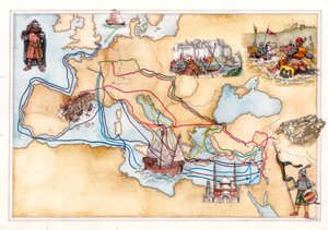 Idade Média: mapa da Europa e do Médio Oriente mostrando as rotas terrestres e marítimas utilizadas pelas Cruzadas durante as várias cruzadas