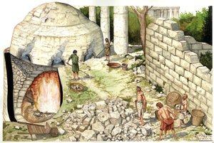 Idade Média: reconstituição de um forno de cal (chaufour), trabalhadores a trabalhar a pedra calcária. Ilustração de Giorgio Albertini. (A utilização das obras deste autor não está sujeita a um pedido de autorização de terceiros nem ao pagamento de taxas s de Giorgio Albertini