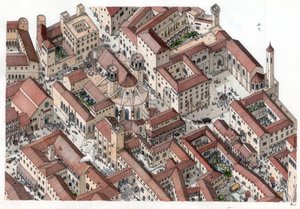 Idade Média: reconstituição do bairro histórico Barri Gotic (bairro gotico) de Barcelona no século XIV. É visível a Catedral de Santa Eulália. Espanha Ilustração de Giorgio Albertini. (A utilização das obras deste autor não é permitida) de Giorgio Albertini