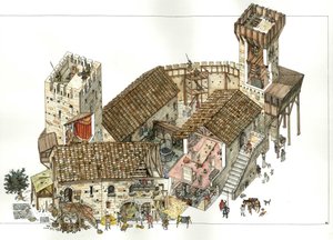 Idade Média: reconstrução de um castelo das regiões centrais de Itália no século XIII. Os cortes permitem ver as actividades no castelo, os soldados posicionados para defesa nas torres. Ilustração de Giorgio Albertini. (A utilização de imagens deste autor de Giorgio Albertini