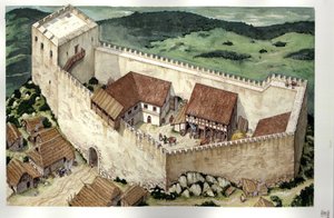 Idade Média: reconstrução do castelo cátaro de Montsegur (concluído no século XIII), Ariege, França. de Giorgio Albertini