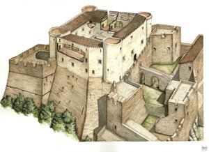 Idade Média: reconstrução do castelo de Santa Severina, construído no século XI, em Catanzaro. Calábria Itália Ilustração de Giorgio Albertini. (A utilização das obras deste autor não está sujeita a um pedido de autorização de terceiros ou a de Giorgio Albertini