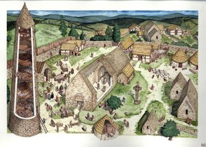 Idade Média: reconstrução do antigo mosteiro de Glendalough fundado por São Kevin, um padre eremita. No século IX, o local tornou-se um local de educação religiosa. É visível uma torre redonda em corte transversal, uma cruz celta. Irlanda do século IX Ilus