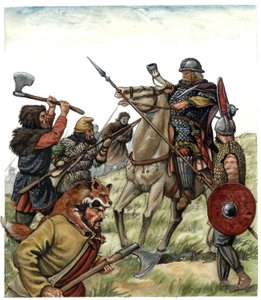 Idade Média: cena da Batalha de Roncesvaux (País Basco espanhol), cavaleiro franco da Armada de Carlos Magno opõe-se aos mouros em 778. Ilustração do século VIII de Giorgio Albertini.
