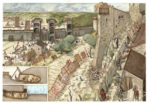Idade Média: cerco da cidade de Viterbo (Viterbo), perto de Roma, cobiçada pelos Guelfos, apoiantes do Papa, e pelos Gibelinos, apoiantes do exército do imperador Frederico II Hohenstaufen (1194-1250), em 1240. Itália. Em baixo, à esquerda, uma descrição d
