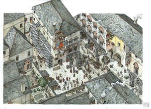Idade Média: vista de um palácio da nobreza mercantil (Curia ou cúria) de Genes no século XV, cenas de rua, Itália Ilustração de Giorgio Albertini. de Giorgio Albertini