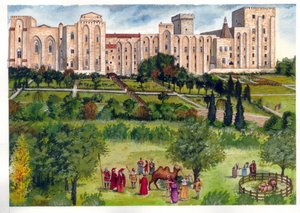 Idade Média: vista do Palácio dos Papas em Avignon, quando era a residência dos Papas. No jardim, os membros da cúria passeiam para admirar animais exóticos (camelos, leões) Século XIV. de Giorgio Albertini