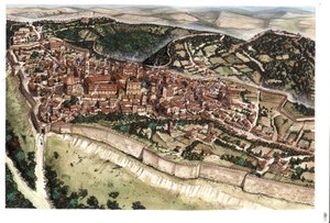 Idade Média: vista da cidade medieval de Volterra, rodeada de muralhas, no século XIV. Toscana. Itália Ilustração de Giorgio Albertini. (A utilização das obras deste autor não está sujeita a um pedido de autorização de terceiros nem a uma autorização de te