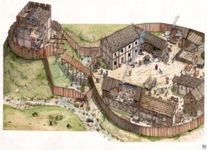 Idade Média: aldeia construída à beira de um rio, muralhas de madeira e uma torre fortificada. Século XI